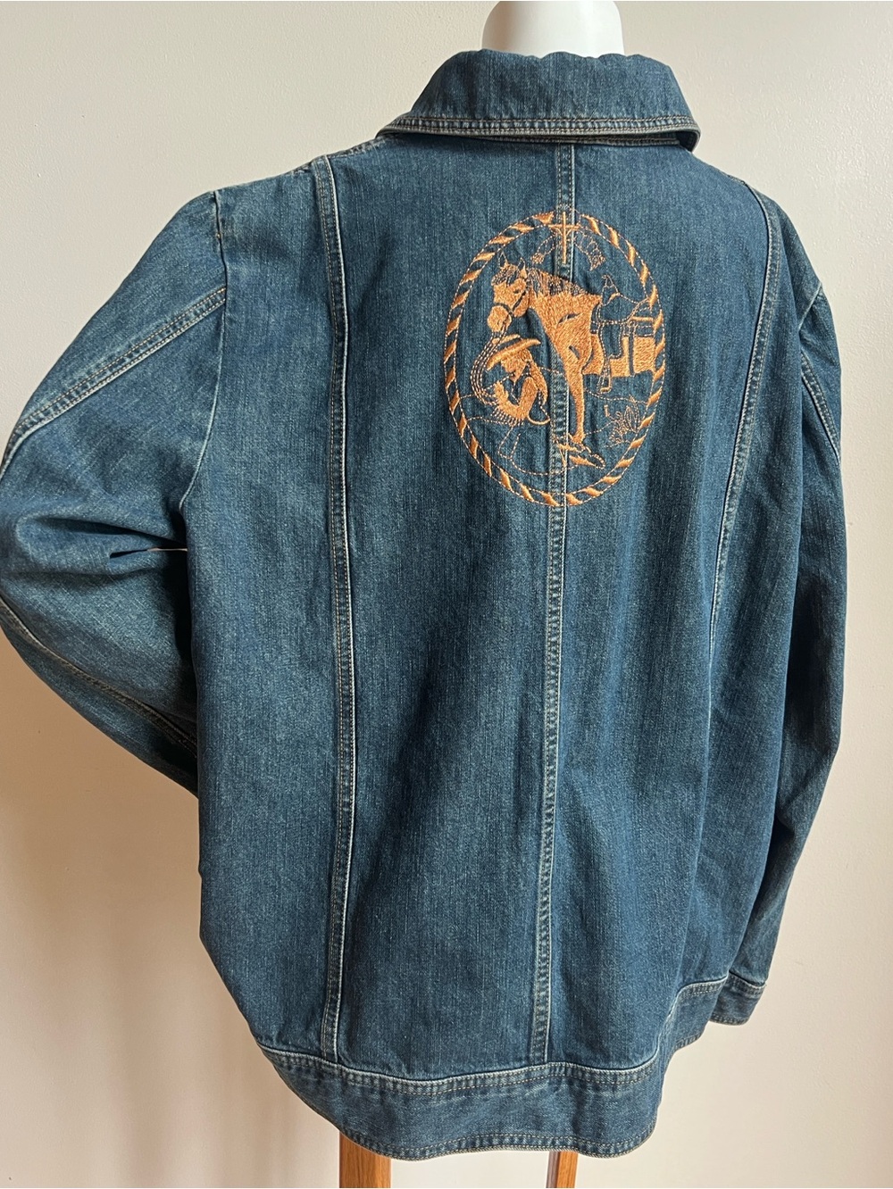 Valerie Steven’s denim Jacket with Embroidered horse Motif